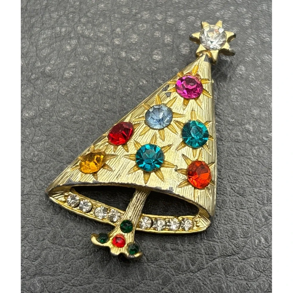 Vintage Christmas Tree Brooch MCM Modernist Multicolor Rhinestone Gold Tone